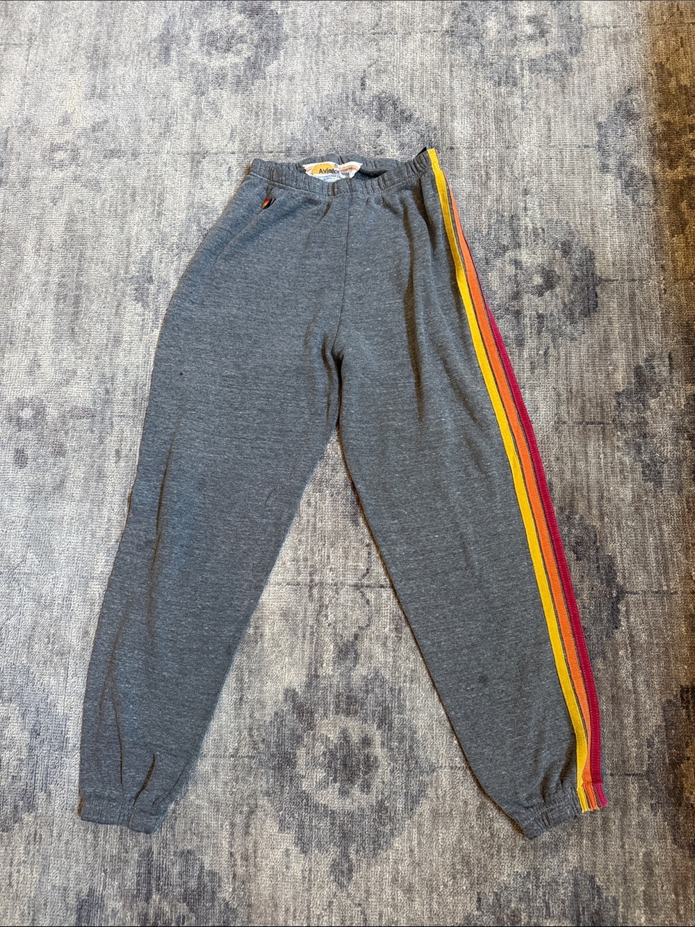 Aviator Nation Gray Joggers with Yellow Orange Pink Side Stripes